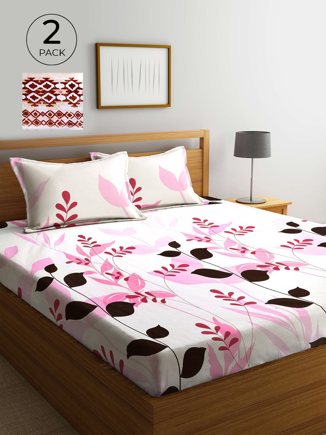 

KLOTTHE White & Pink Floral 210 TC Pure Cotton 2 King Bedsheet with 4 Pillow Covers