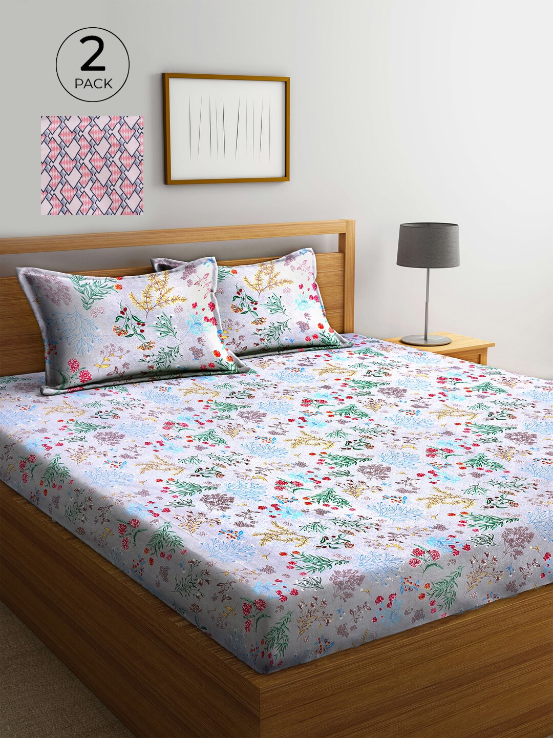

KLOTTHE Grey & Green Floral 210 TC 2 King Bedsheet with 4 Pillow Covers