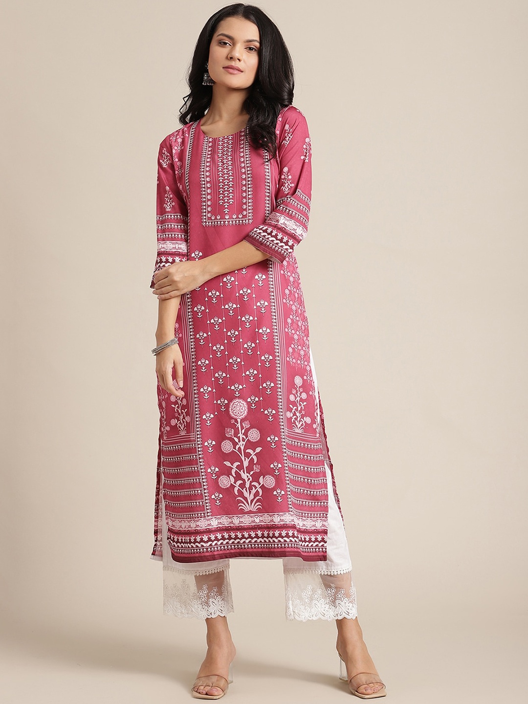 

KSUT Women Mauve and White Ethnic Motifs Printed Straight Kurta
