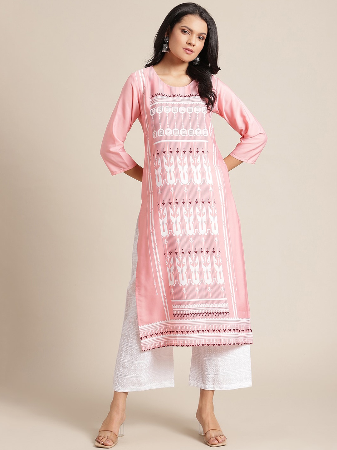 

KSUT Women Pink & White Printed Kurta
