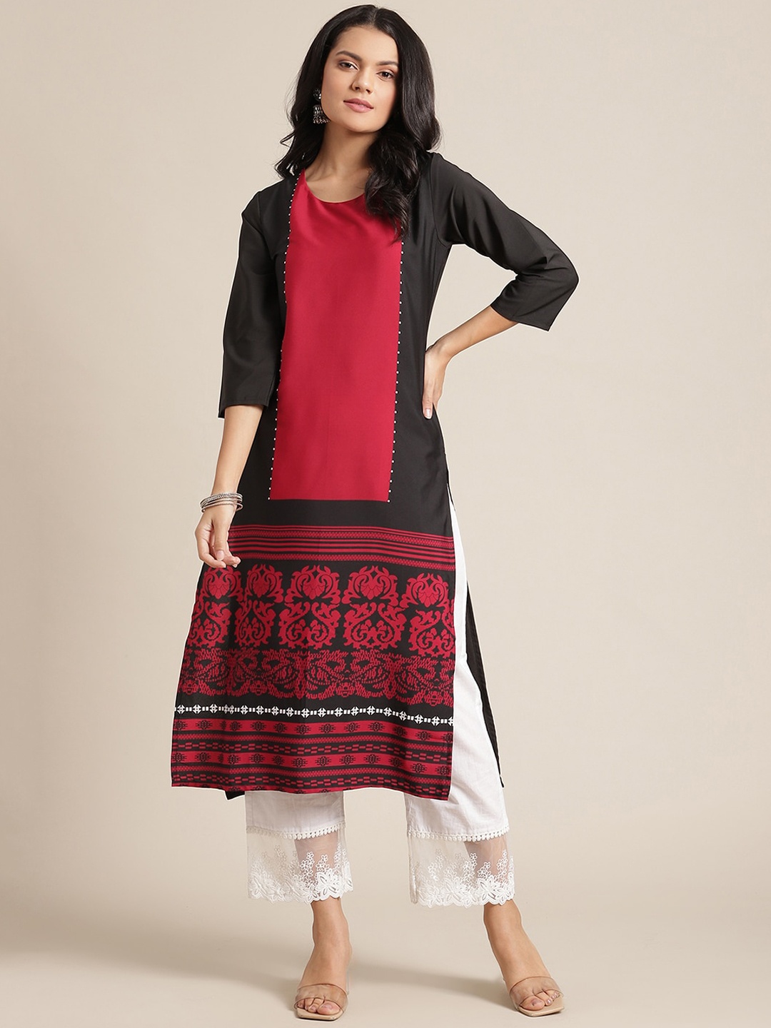 

KSUT Women Black Ethnic Motifs Colourblocked Keyhole Neck Kurta