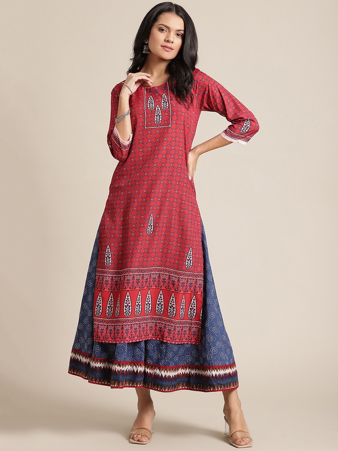 

KSUT Women Red & Navy Blue Ethnic Motifs Printed Straight Kurta