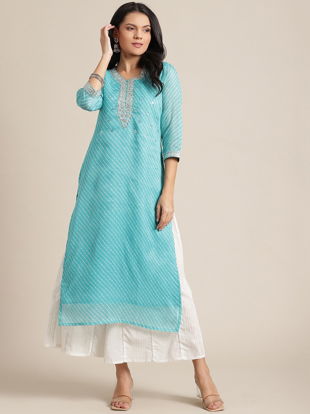 

KSUT Women Turquoise Blue & White Leheriya Printed Gotta Patti Kurta