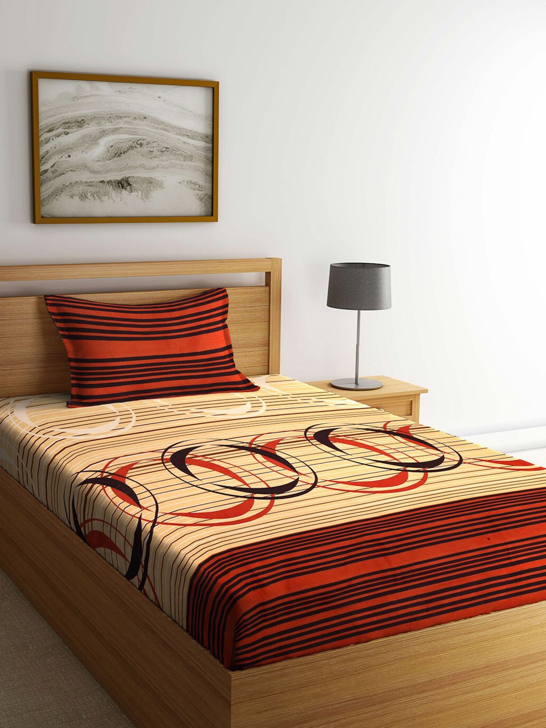 

KLOTTHE Cream-Coloured & Black Striped 210 TC Single Bedsheet with 1 Pillow Covers
