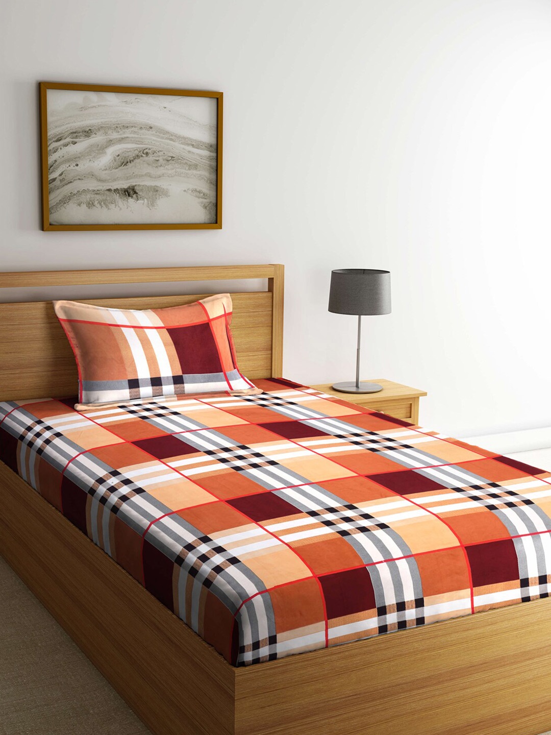 

KLOTTHE Geometric 300 TC Single Bedsheet with 1 Pillow Covers, Orange