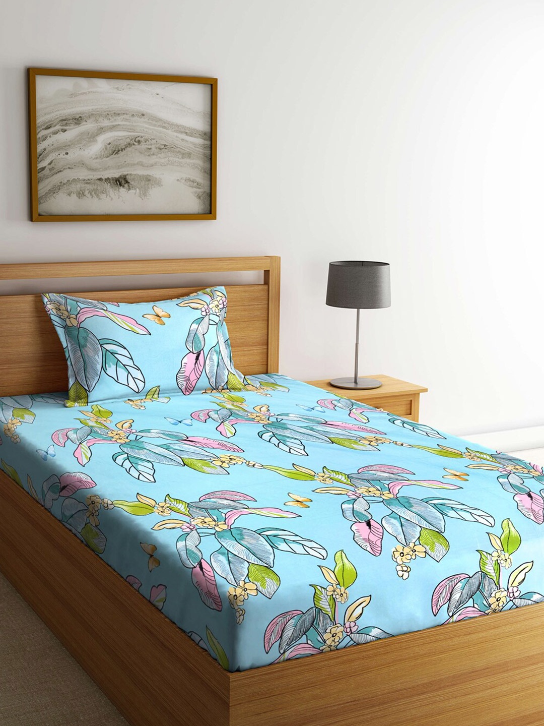 

KLOTTHE Blue & Pink Floral 210 TC Single Bedsheet with 1 Pillow Covers