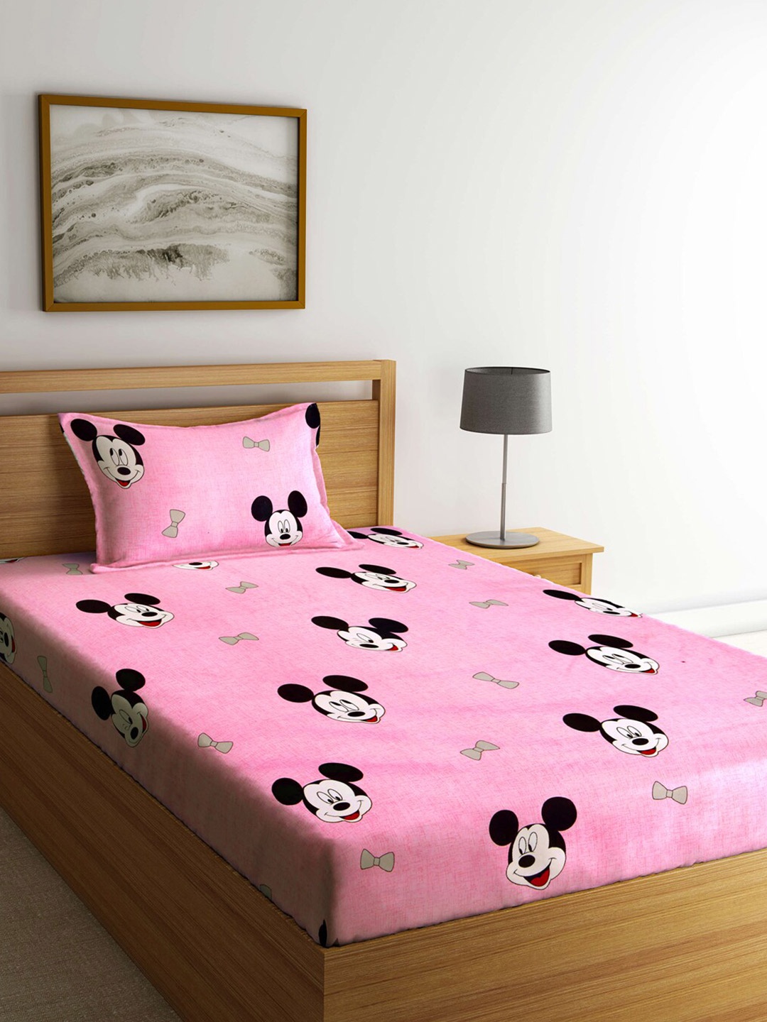 

KLOTTHE Pink & Black Mickey Mouse 210 TC Single Bedsheet with 1 Pillow Covers