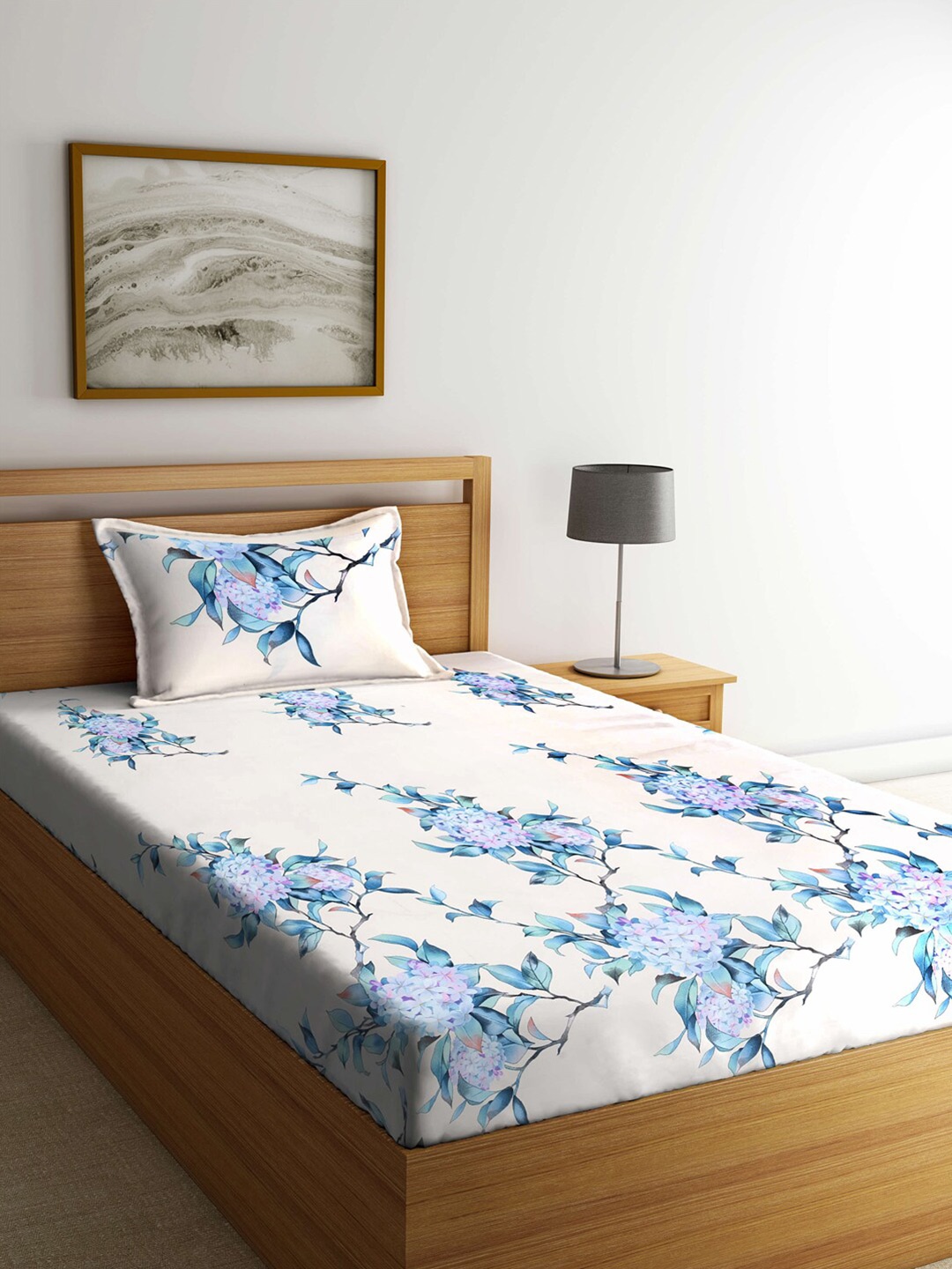 

KLOTTHE White & Blue Floral 210 TC Single Bedsheet with 1 Pillow Covers