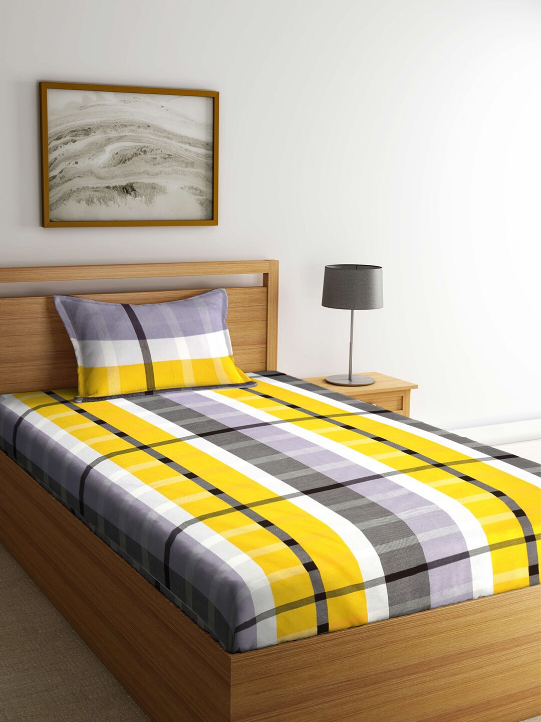 

KLOTTHE Yellow & Grey Geometric 210 TC Single Bedsheet with 1 Pillow Covers
