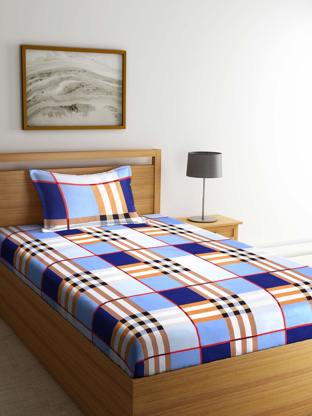 

KLOTTHE Blue & Brown Geometric 300 TC Single Bedsheet with 1 Pillow Covers