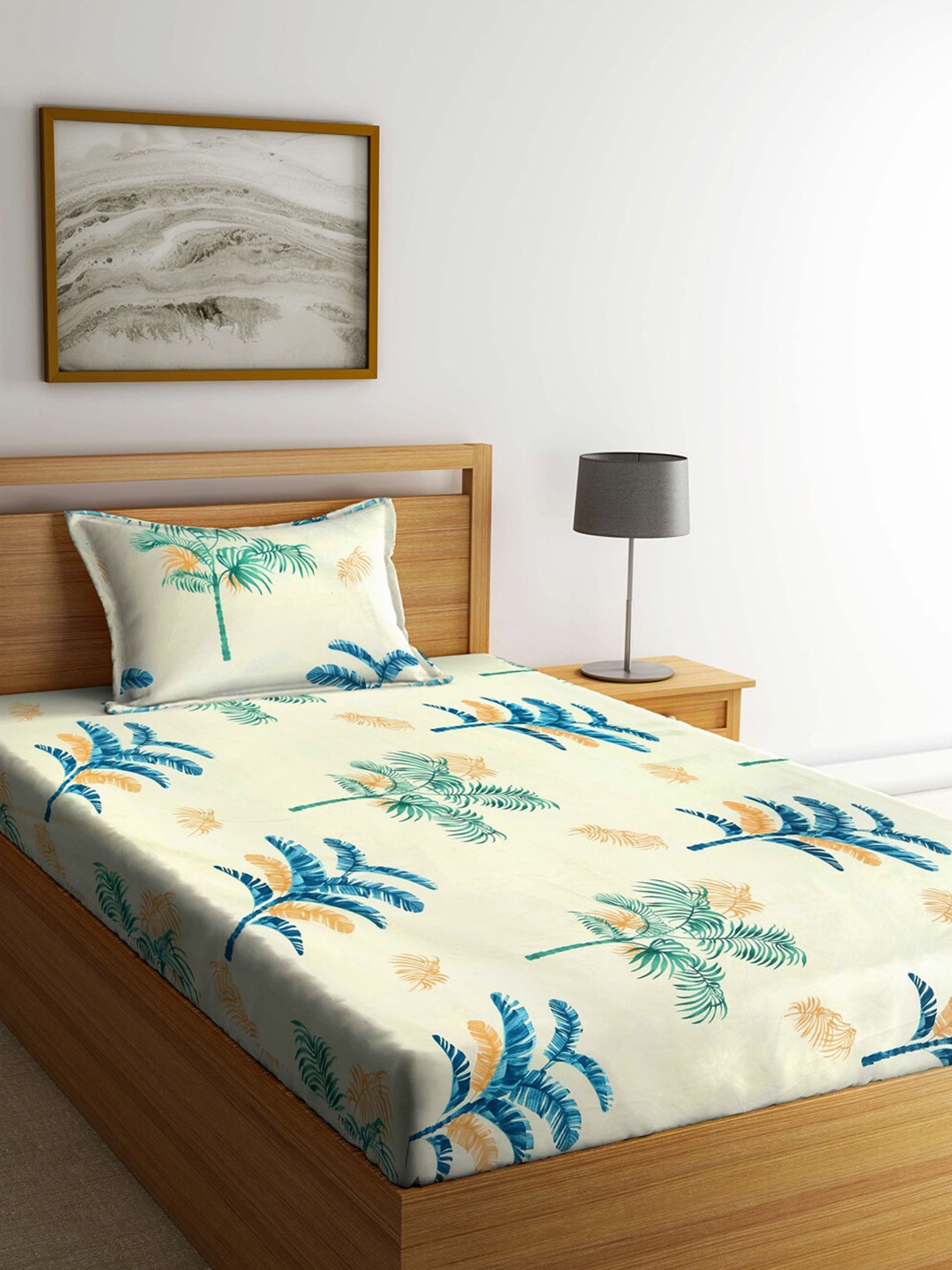 

KLOTTHE Beige & Sea Green Floral 210 TC Single Bedsheet with 1 Pillow Covers