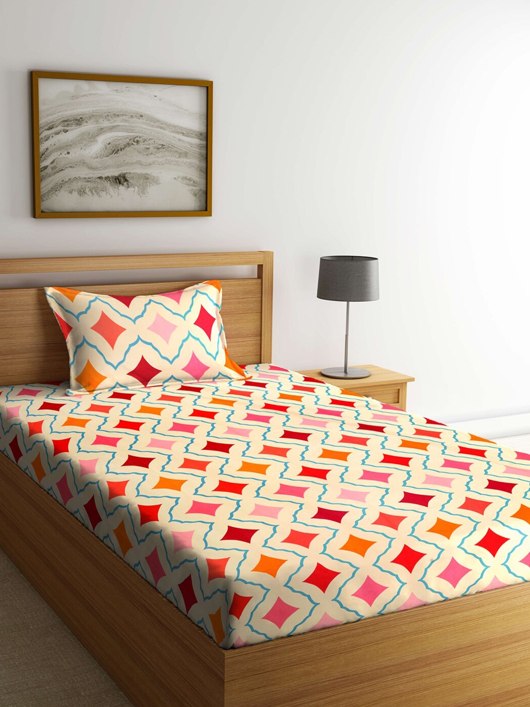 

KLOTTHE Cream-Coloured & Pink Geometric 210 TC Single Bedsheet with 1 Pillow Covers