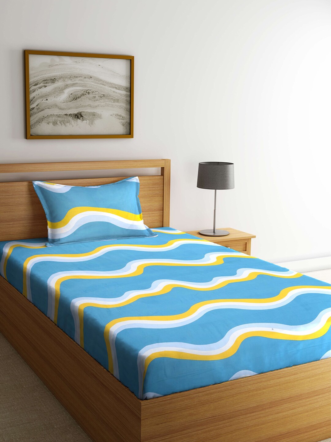 

KLOTTHE Turquoise Blue & Yellow Striped 210 TC Single Bedsheet with 1 Pillow Covers