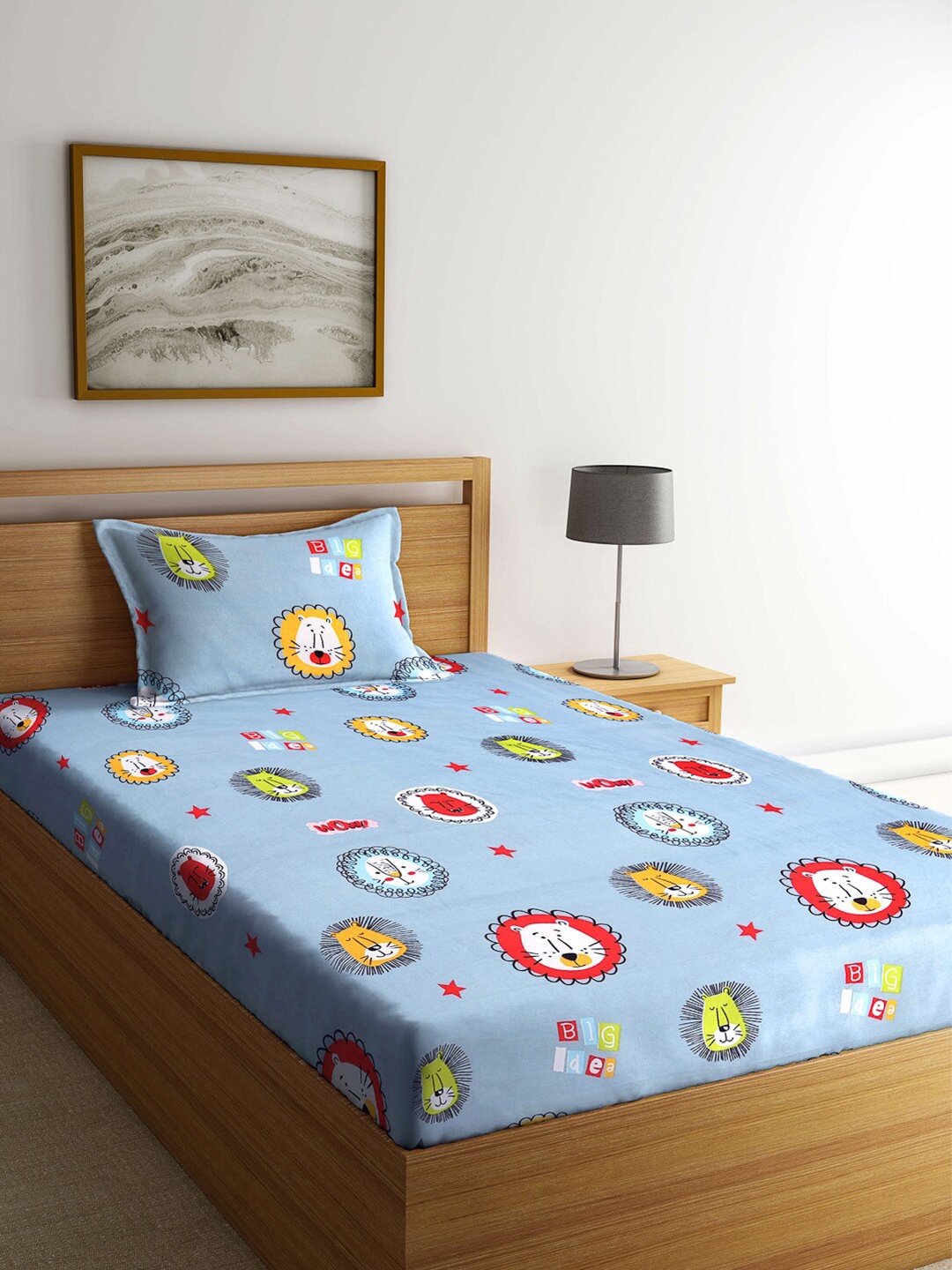 

KLOTTHE Blue & Yellow Graphic 210 TC Single Bedsheet with 1 Pillow Covers