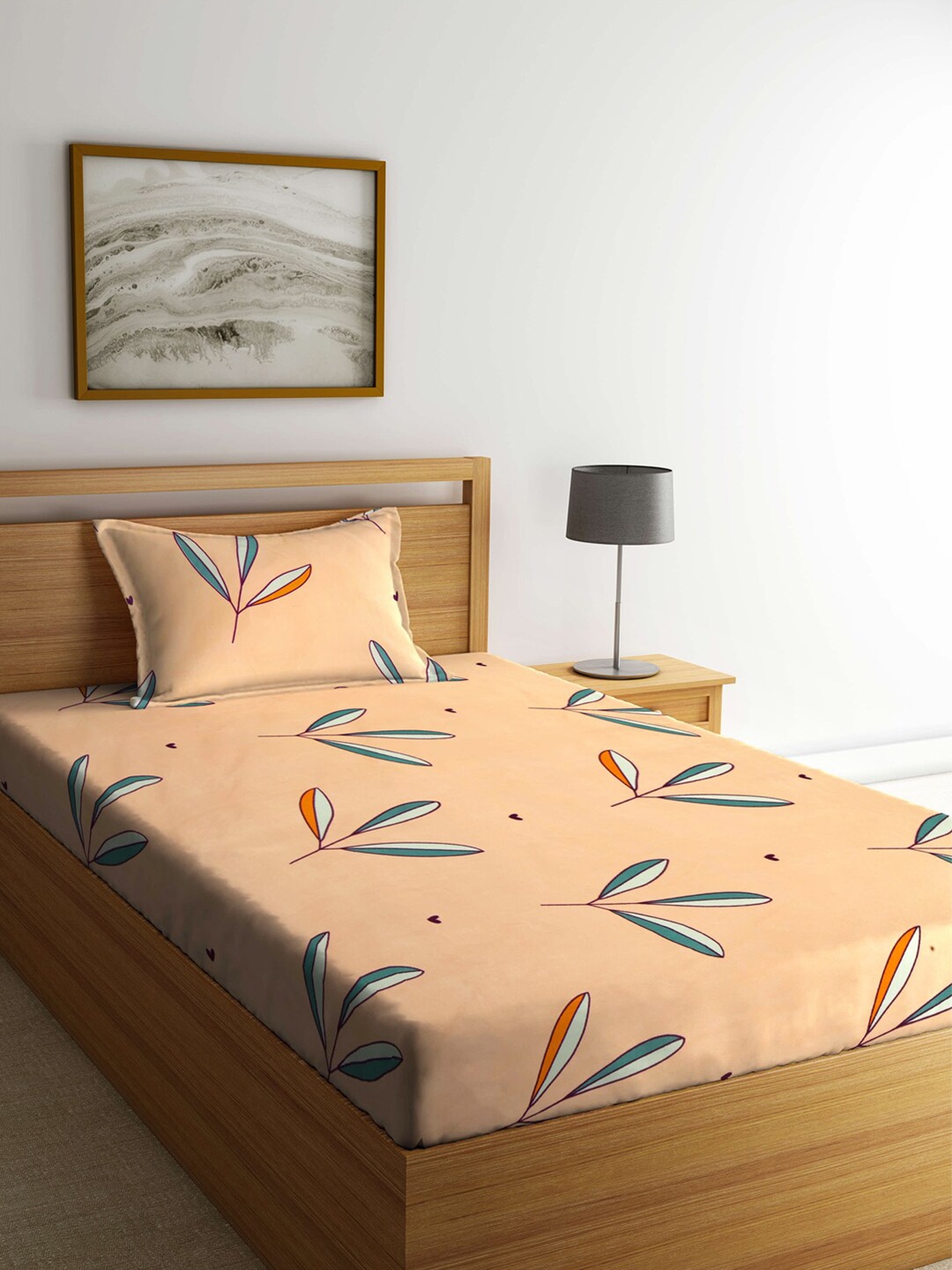 

KLOTTHE Peach-Coloured & Blue Floral 210 TC Single Bedsheet with 1 Pillow Covers