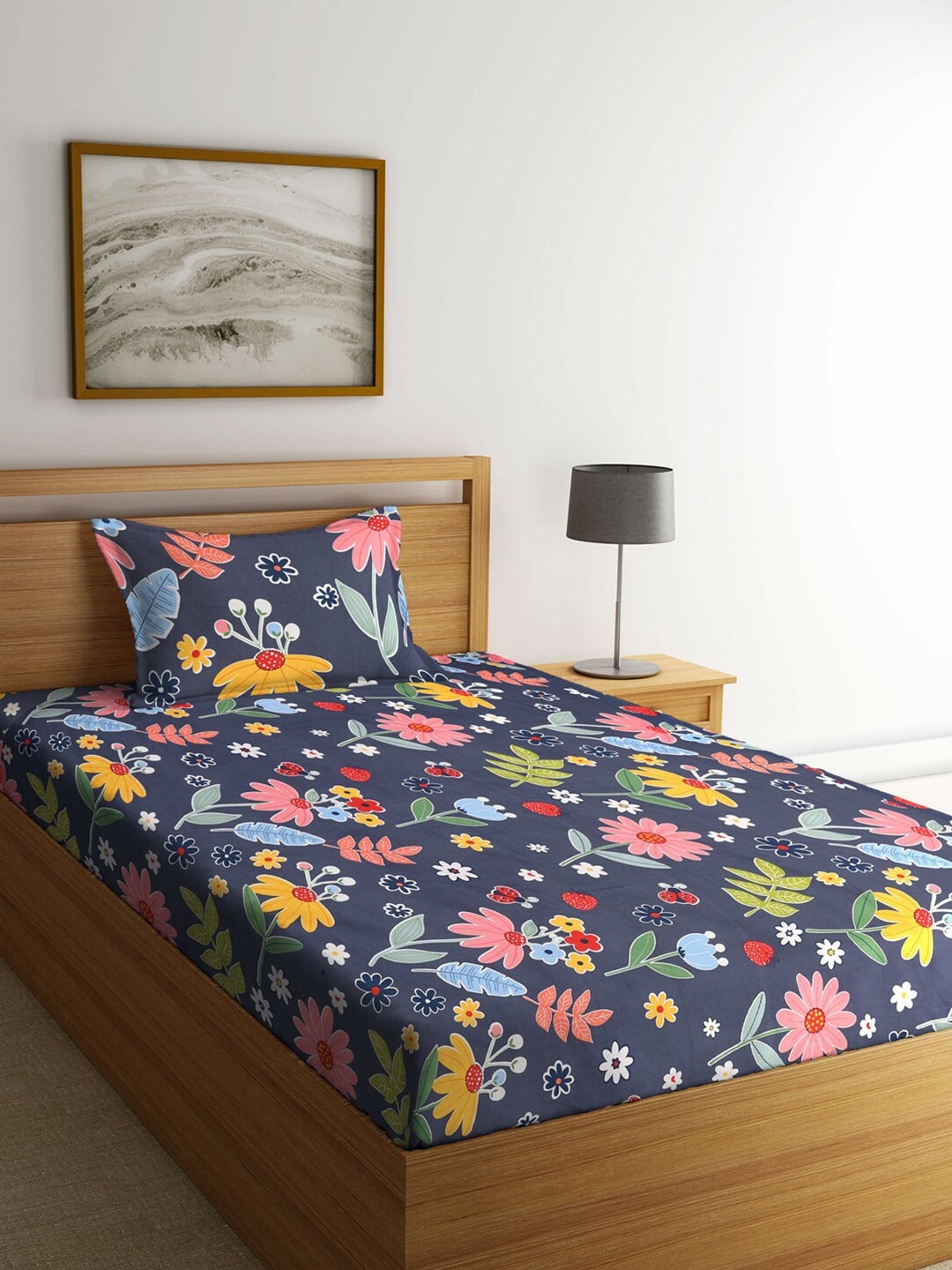 

KLOTTHE Grey & Pink Floral 300 TC Single Bedsheet with 1 Pillow Covers