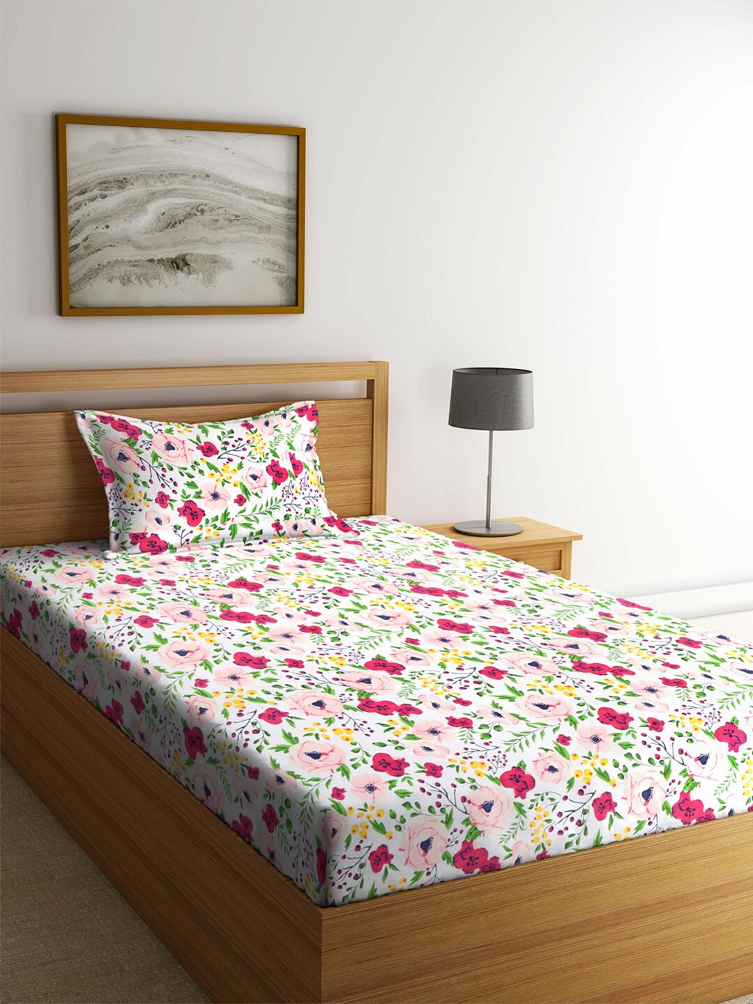 

KLOTTHE White & Red Floral 210 TC Single Bedsheet with 1 Pillow Covers