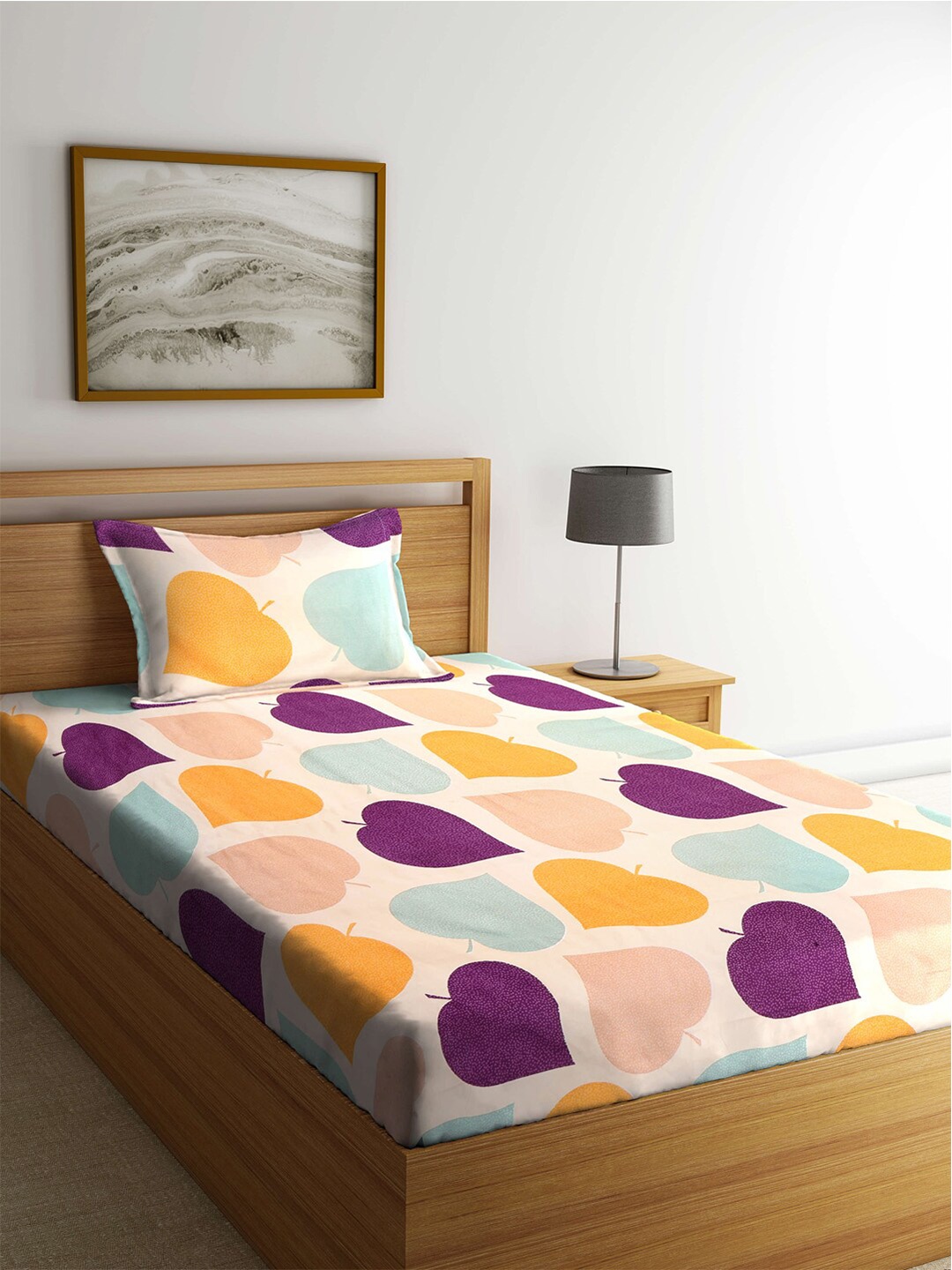 

KLOTTHE Peach-Coloured & Purple Floral 210 TC Single Bedsheet with 1 Pillow Covers