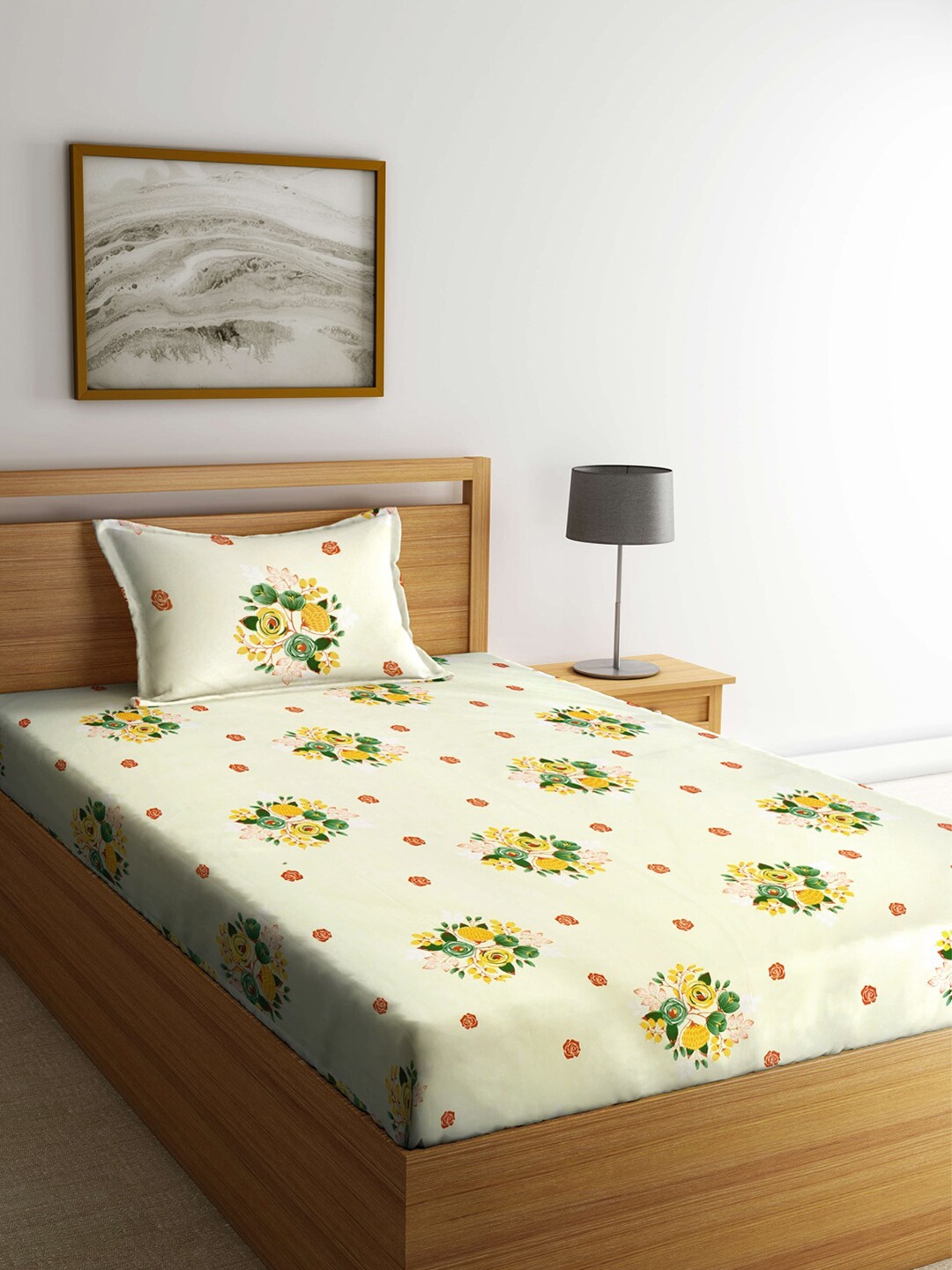 

KLOTTHE Cream-Coloured & Yellow Floral 210 TC Single Bedsheet with 1 Pillow Covers