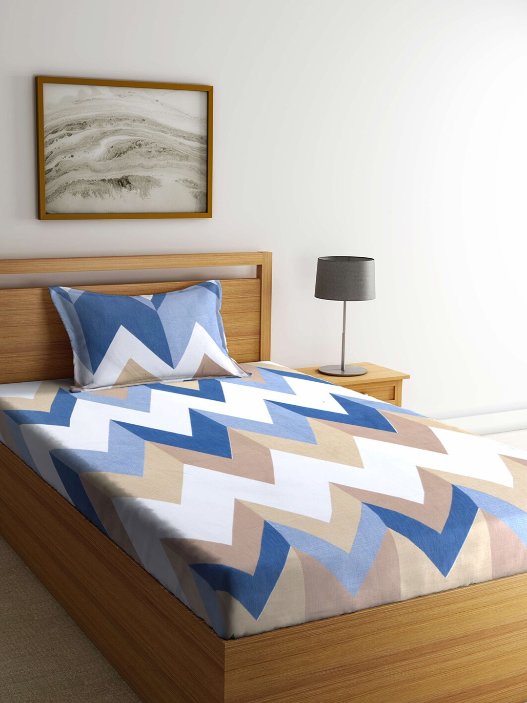 

KLOTTHE Blue & White Geometric 210 TC Single Bedsheet with 1 Pillow Covers