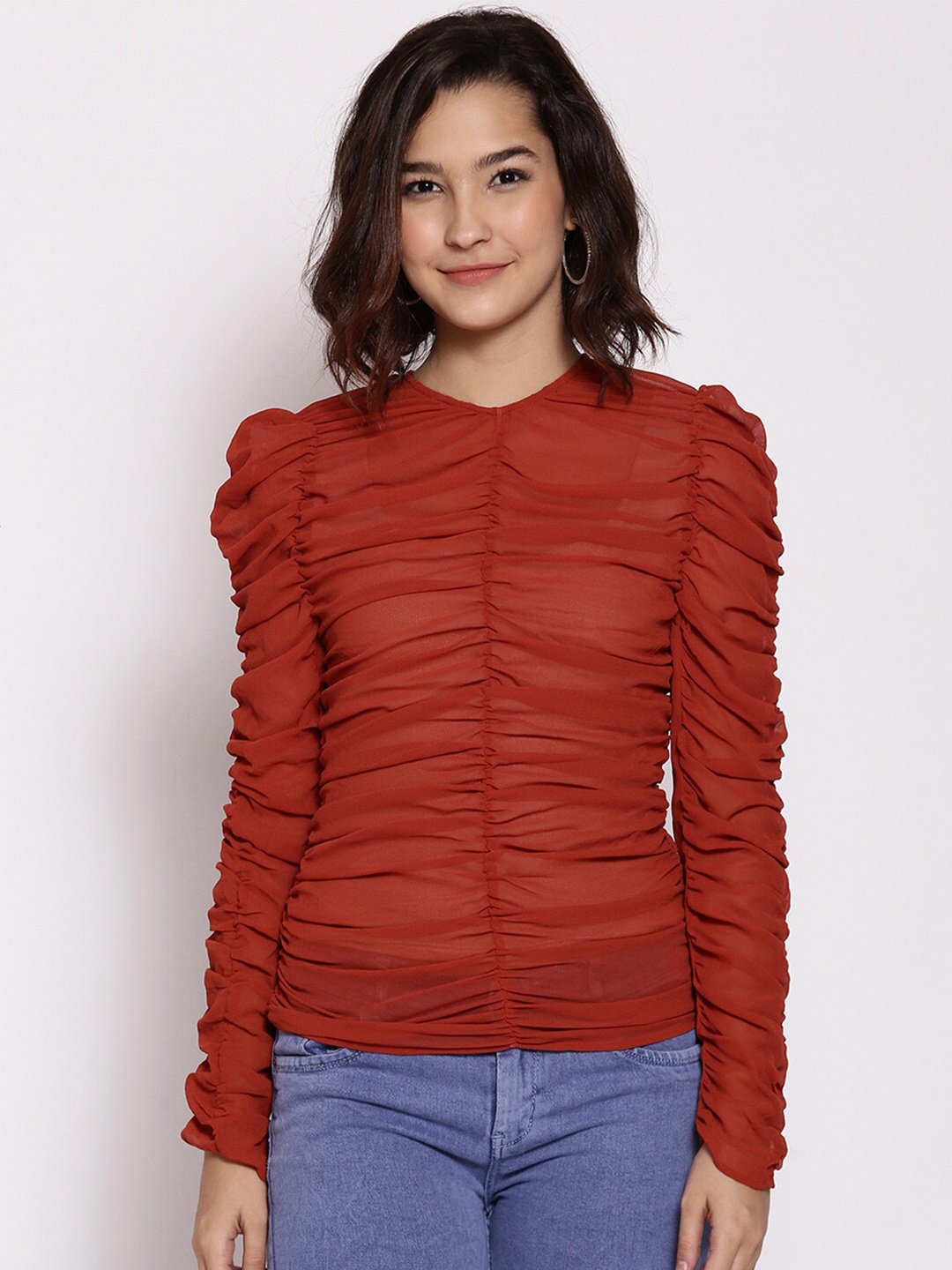

Oxolloxo Women Rust Red Semi-Sheer Shirred Top
