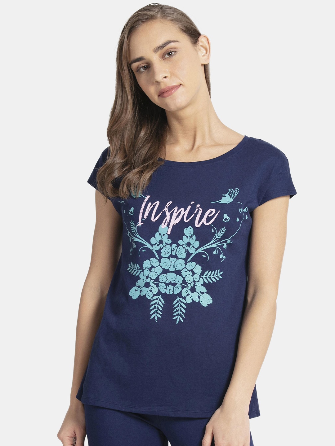 

Jockey Women Blue Printed Extended Sleeves Raw Edge T-shirt