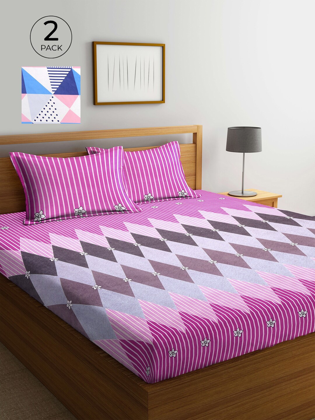 

KLOTTHE Magenta & Grey Geometric 210 TC 2 King Bedsheet with 4 Pillow Covers