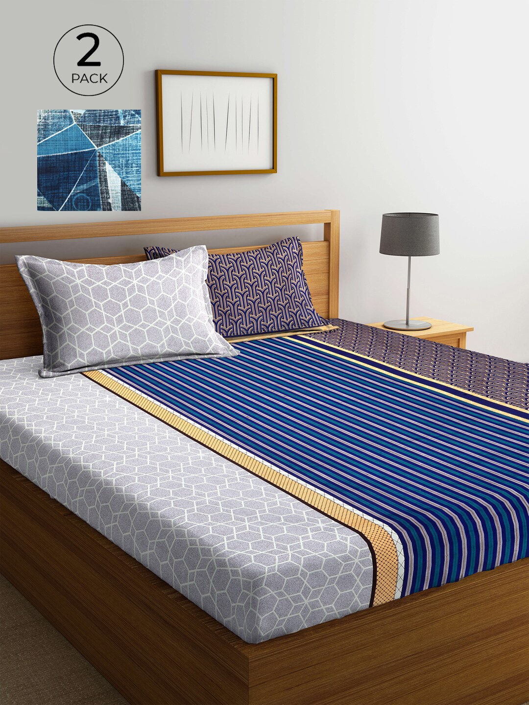 

KLOTTHE Navy Blue & Grey Geometric 210 TC 2 King Bedsheet with 4 Pillow Covers