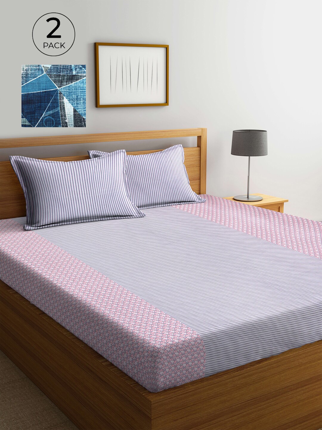 

KLOTTHE Blue & White Geometric 210 TC 2 King Bedsheet with 4 Pillow Covers