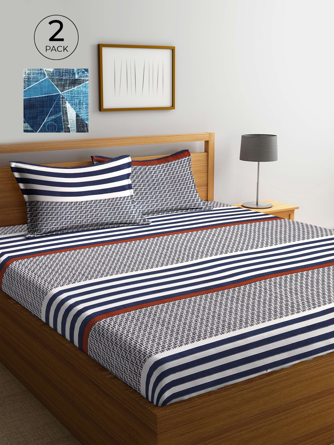 

KLOTTHE White & Navy Blue Geometric 210 TC 2 King Bedsheet with 4 Pillow Covers