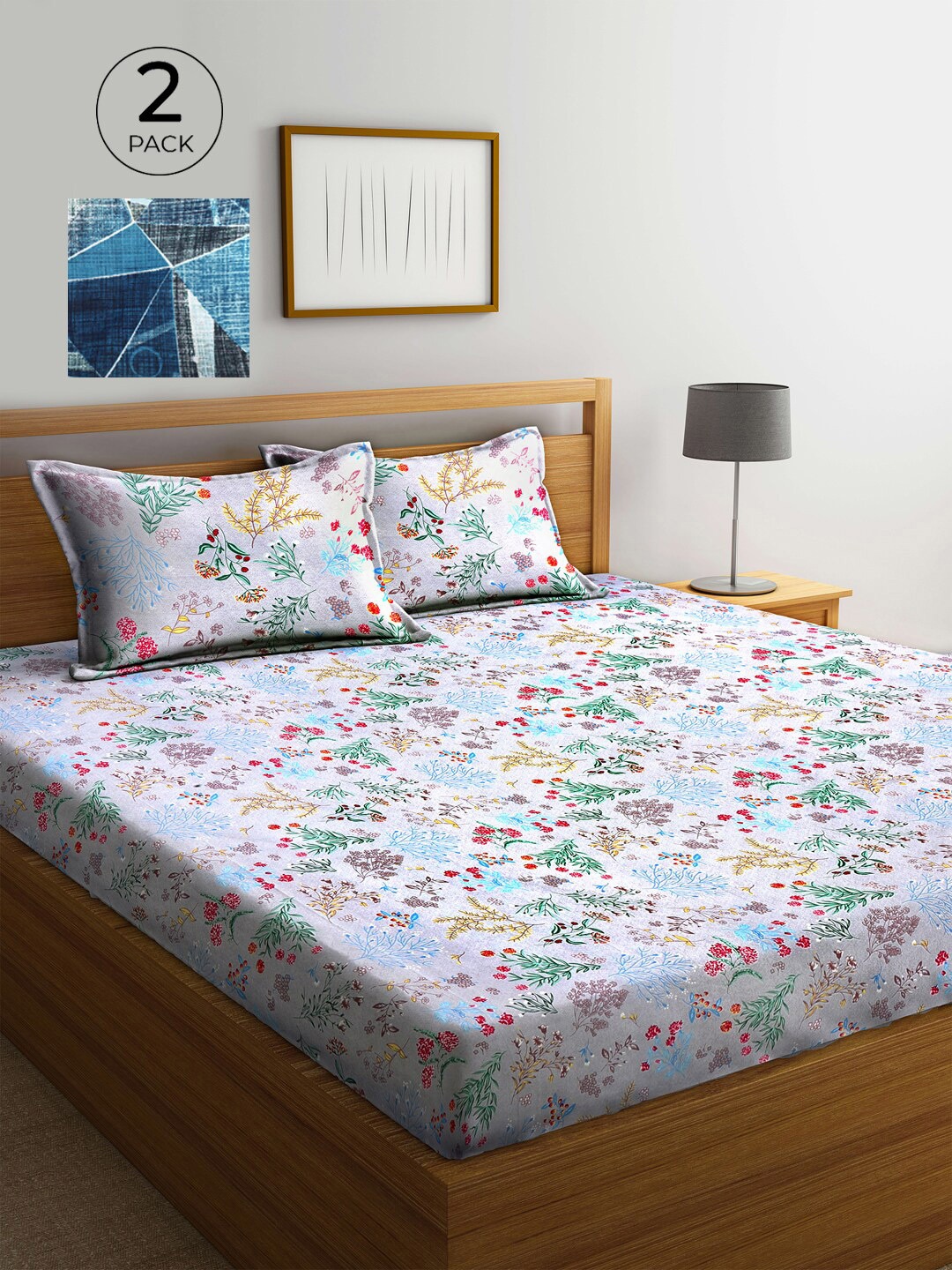 

KLOTTHE Blue & Grey Floral 210 TC 2 King Bedsheet with 4 Pillow Covers