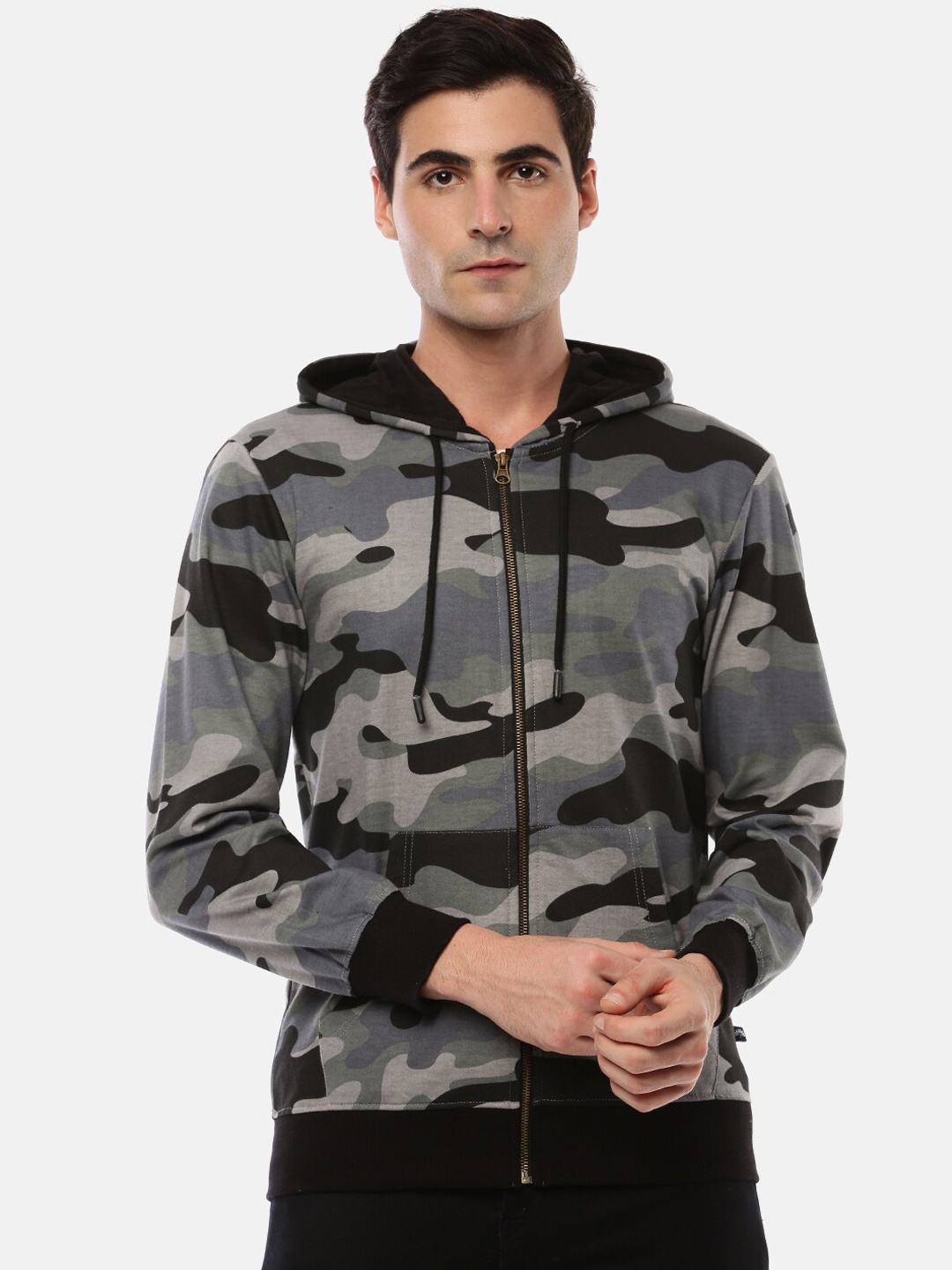 

Chennis Men Grey Camouflage Printed Hooded Cotton Front Open Sweatshirt