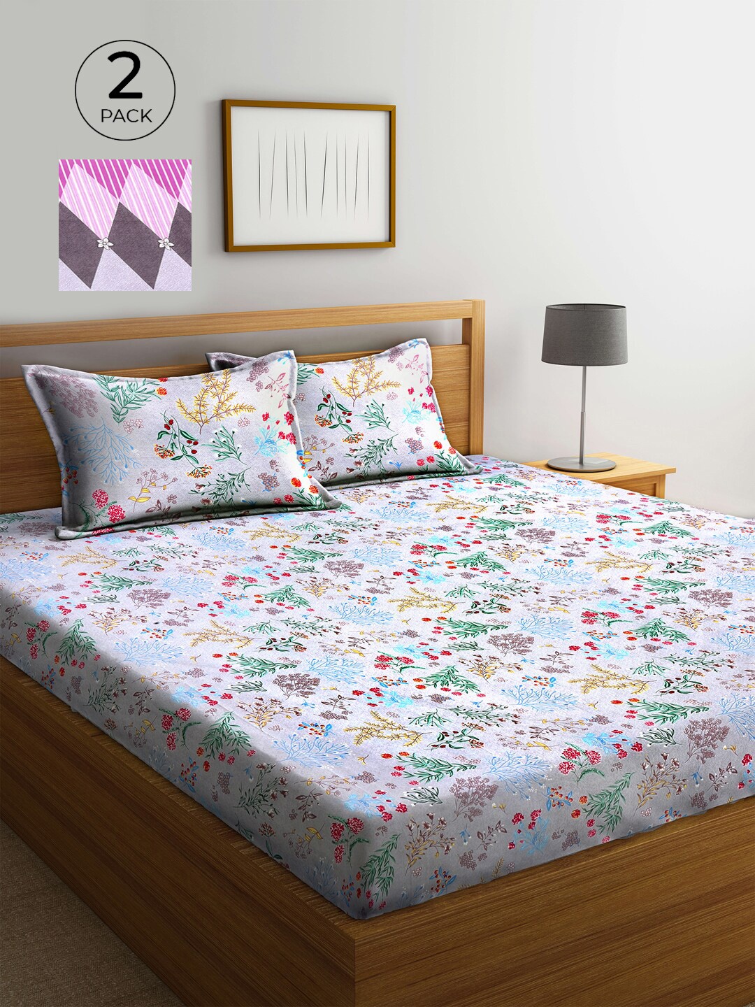 

KLOTTHE Grey & Pink Floral 210 TC 2 King Bedsheet with 4 Pillow Covers