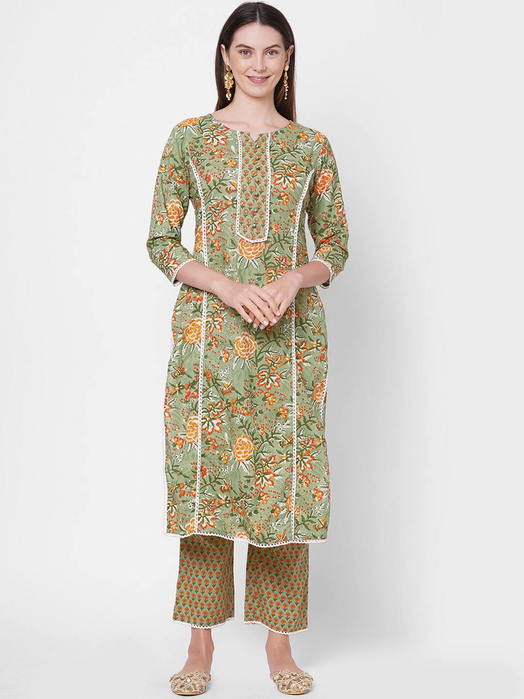 

FASHOR Women Green Floral Printed Pure Cotton Kurta with Palazzos