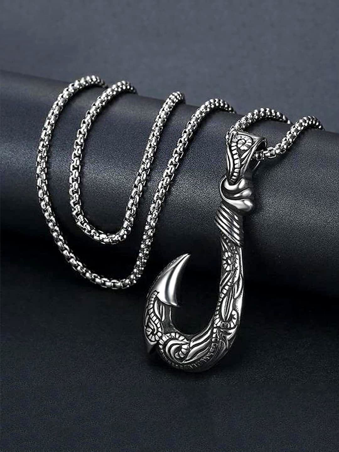 

Yellow Chimes Men Rhodium-Plated Silver-Toned Stainless Steel Fish Hook-Shaped Pendant With Chain