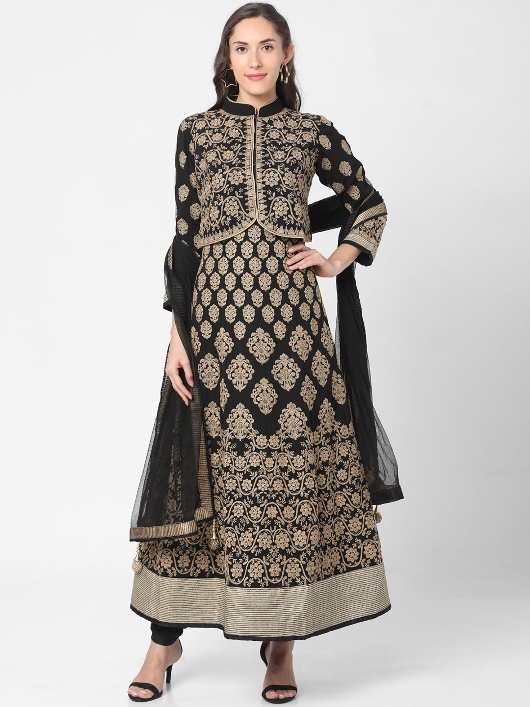 

SALWAR STUDIO Women Black Ethnic Motifs Printed Panelled Kurti with Skirt & With Dupatta