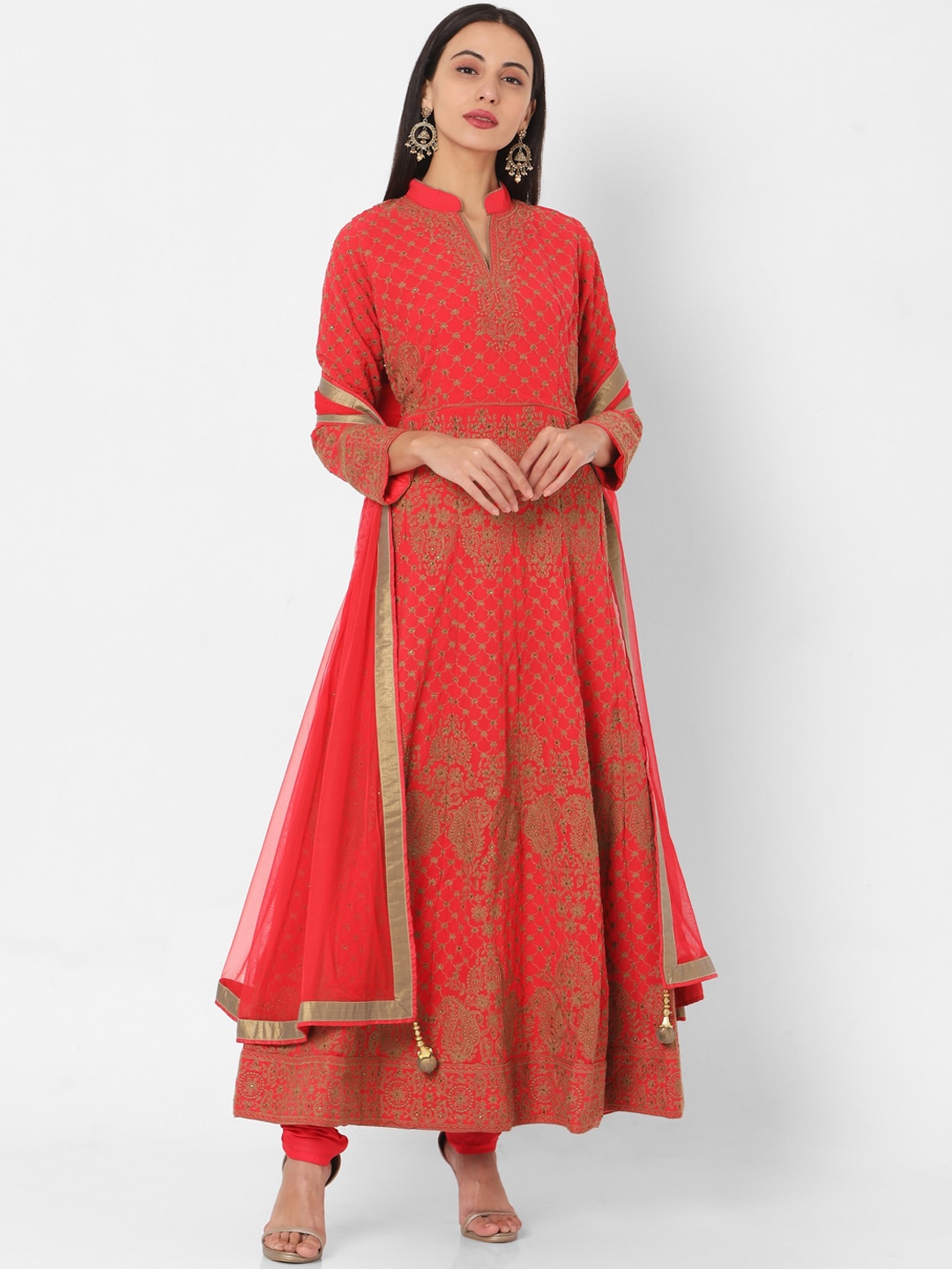 

SALWAR STUDIO Women Red Ethnic Motifs Embroidered Pleated Kurta with Palazzos & With Dupatta