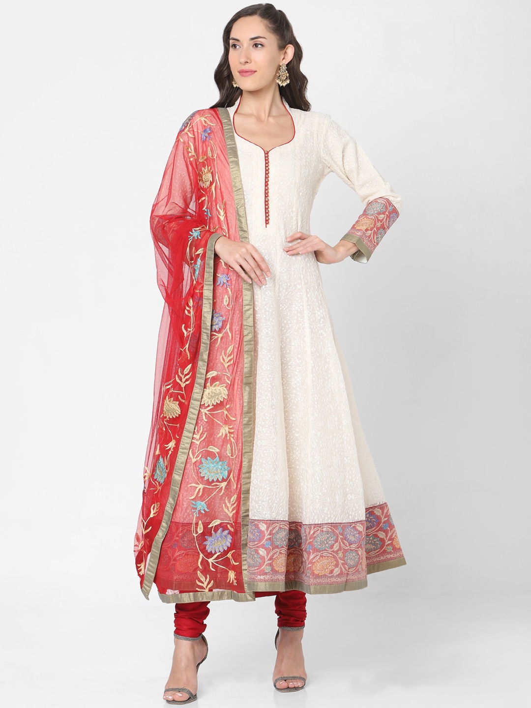 

SALWAR STUDIO Women White Anarkali Kurta with Churidar & Dupatta