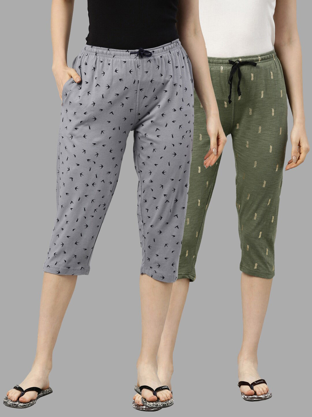 

Kryptic Women Grey & Green Cotton Printed Capris - Pack Of 2