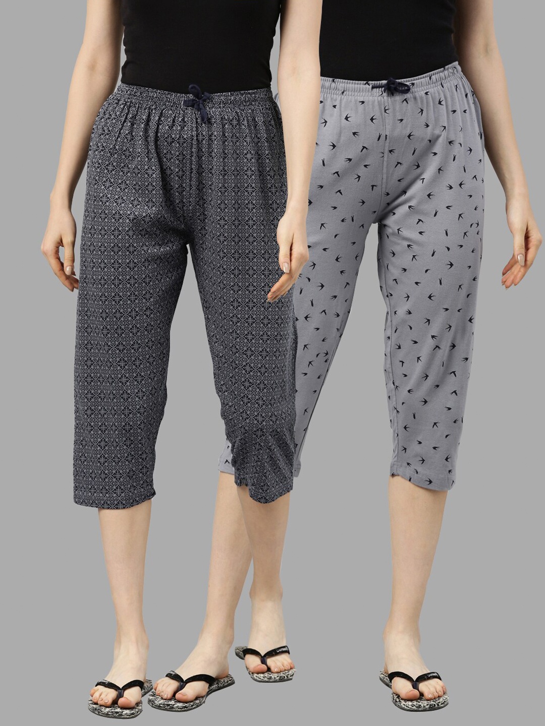 

Kryptic Women Pack of 2 Grey & Blue Printed Cotton Capris