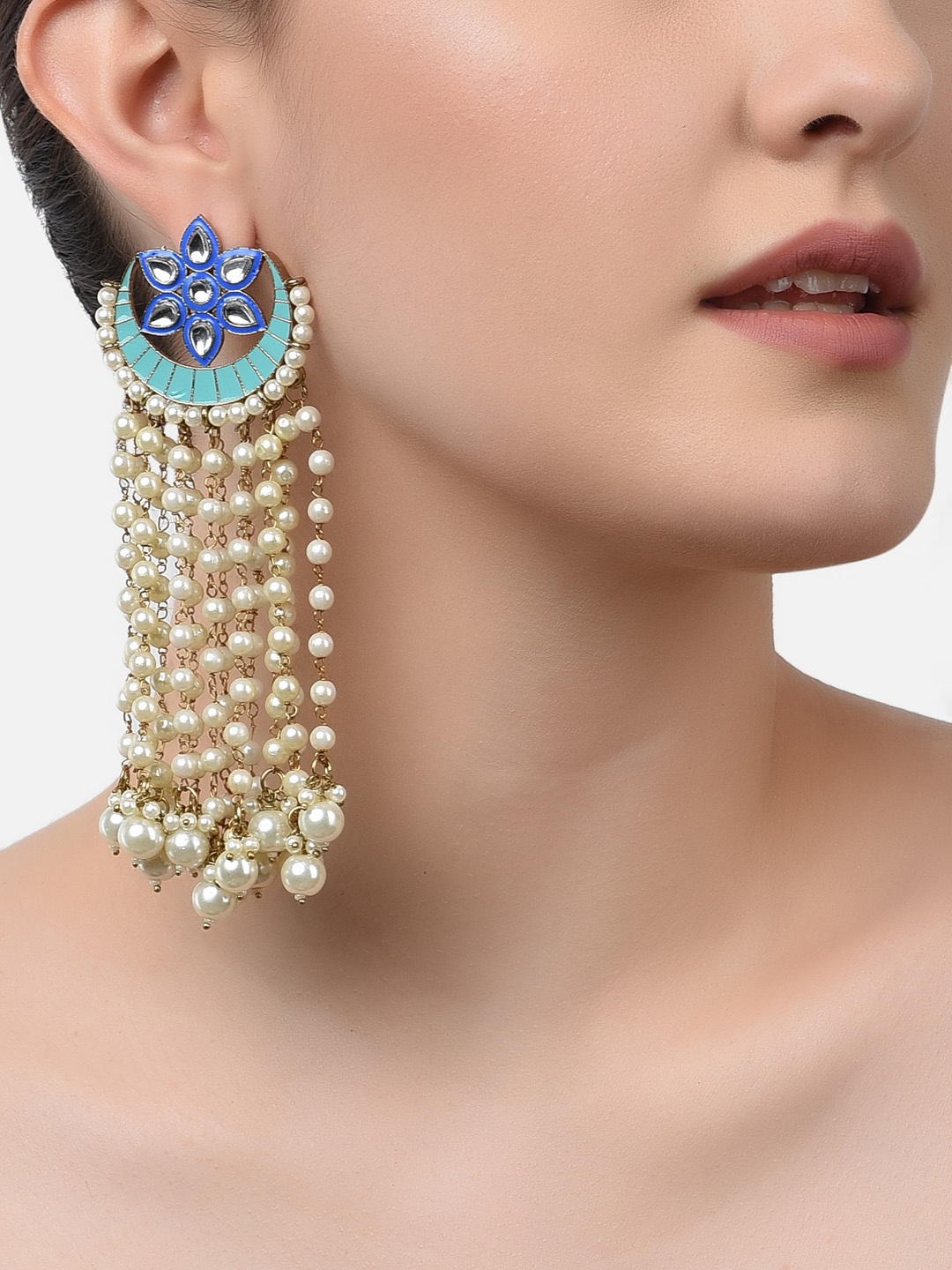 

Zaveri Pearls Gold-Plated Blue & Off-White Contemporary Drop Earrings
