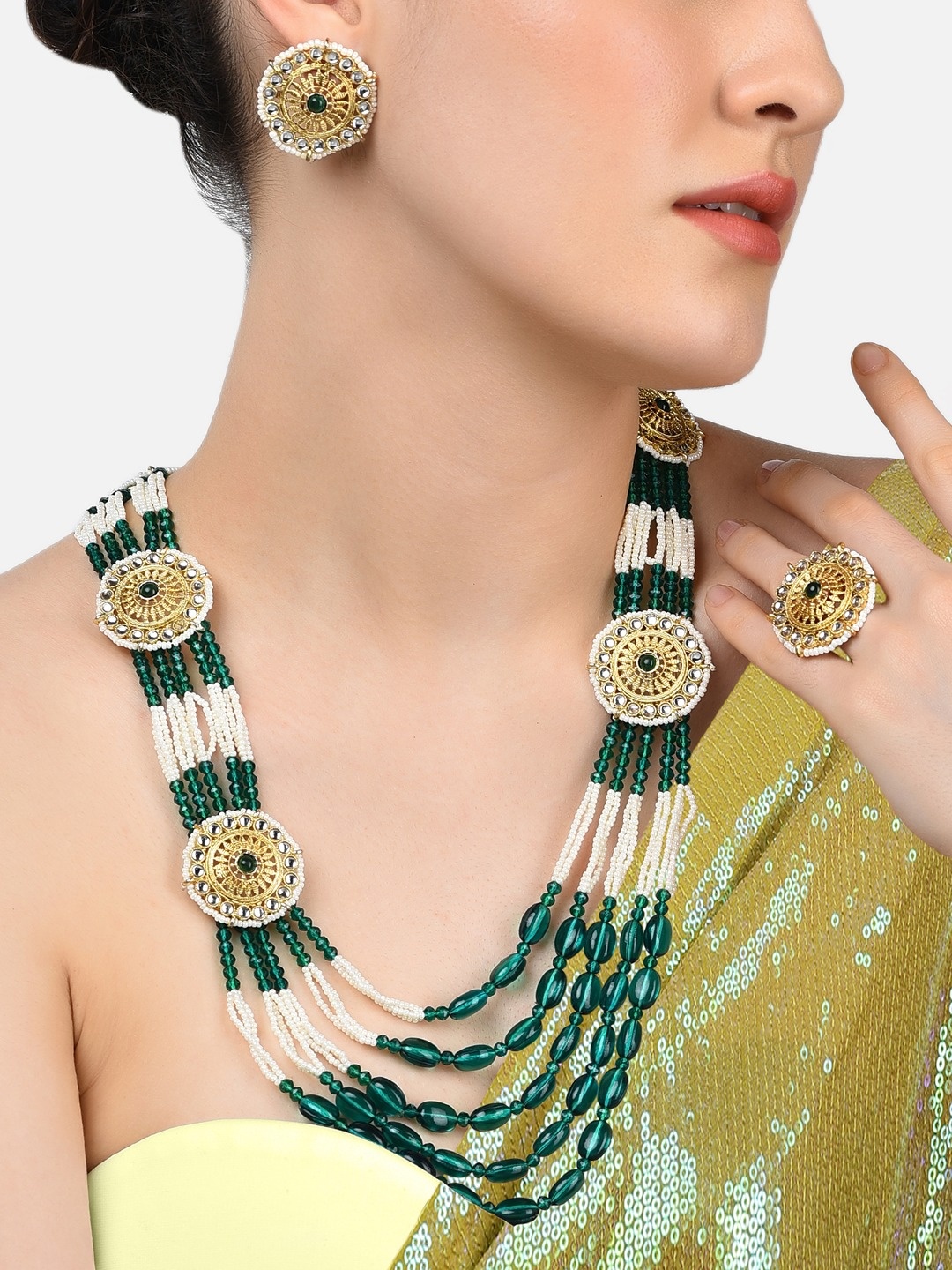 

Zaveri Pearls Gold-Plated & Sea-Green Kundan-Studded & Beaded Multistrand Long Jewellery Set