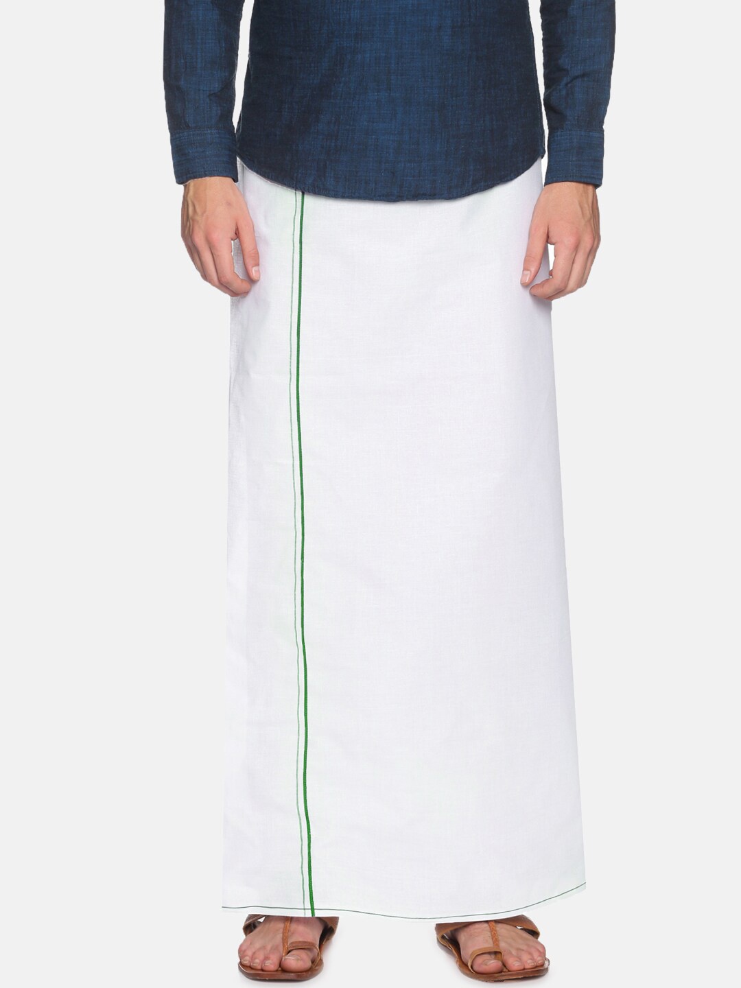 

Chennis Men White & Green Pure Cotton Dhoti