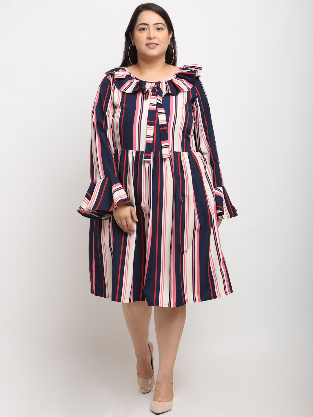 

Flambeur Blue & Pink Striped Crepe Dress