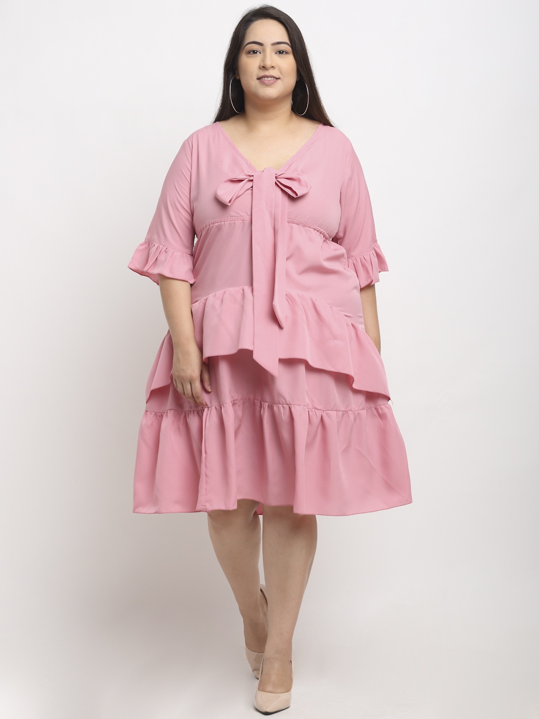 

Flambeur Pink Tie-Up Neck Layered Crepe A-Line Dress