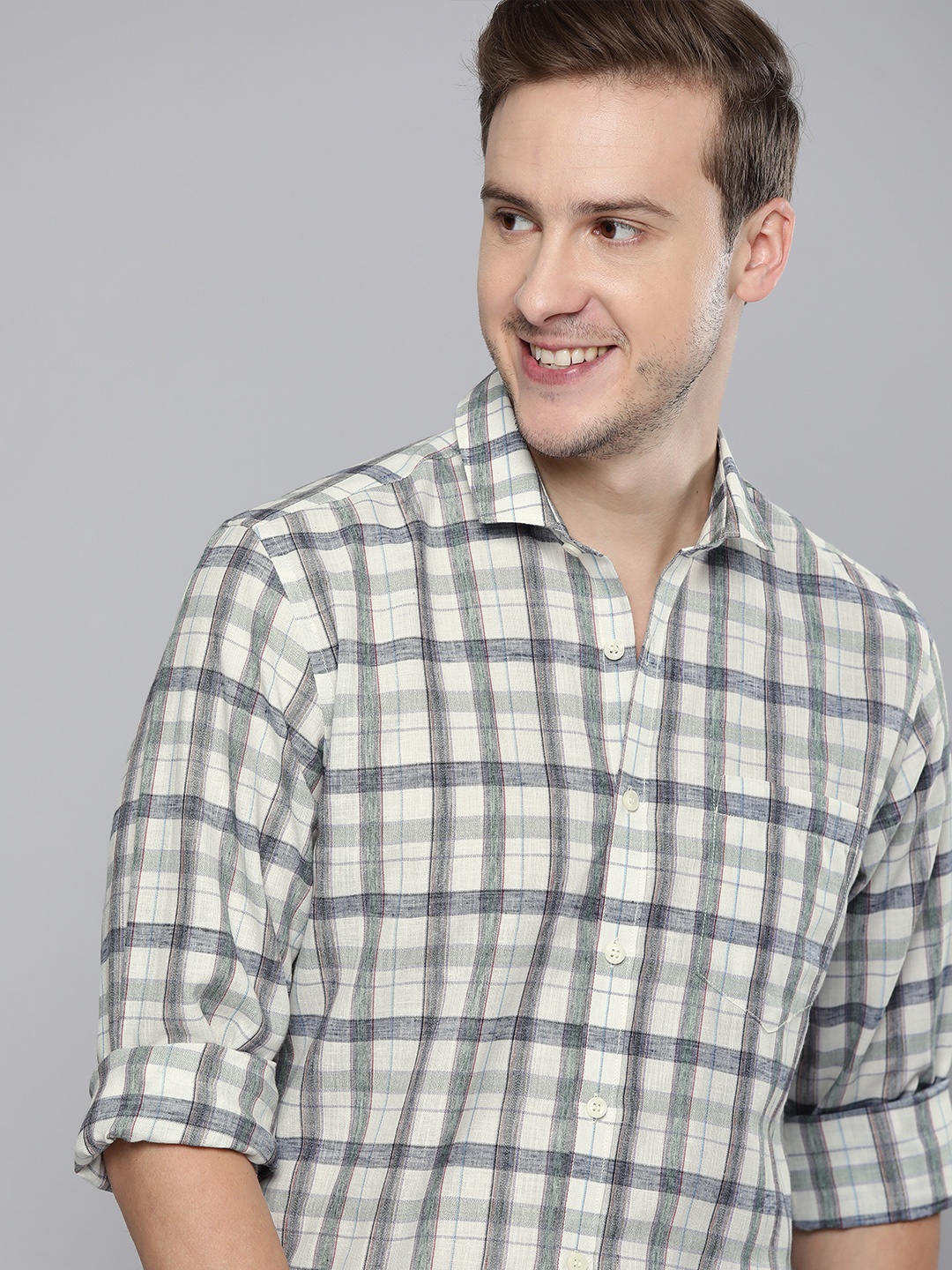 

Mast & Harbour Men Off White & Green Slim Fit Opaque Checked Casual Shirt