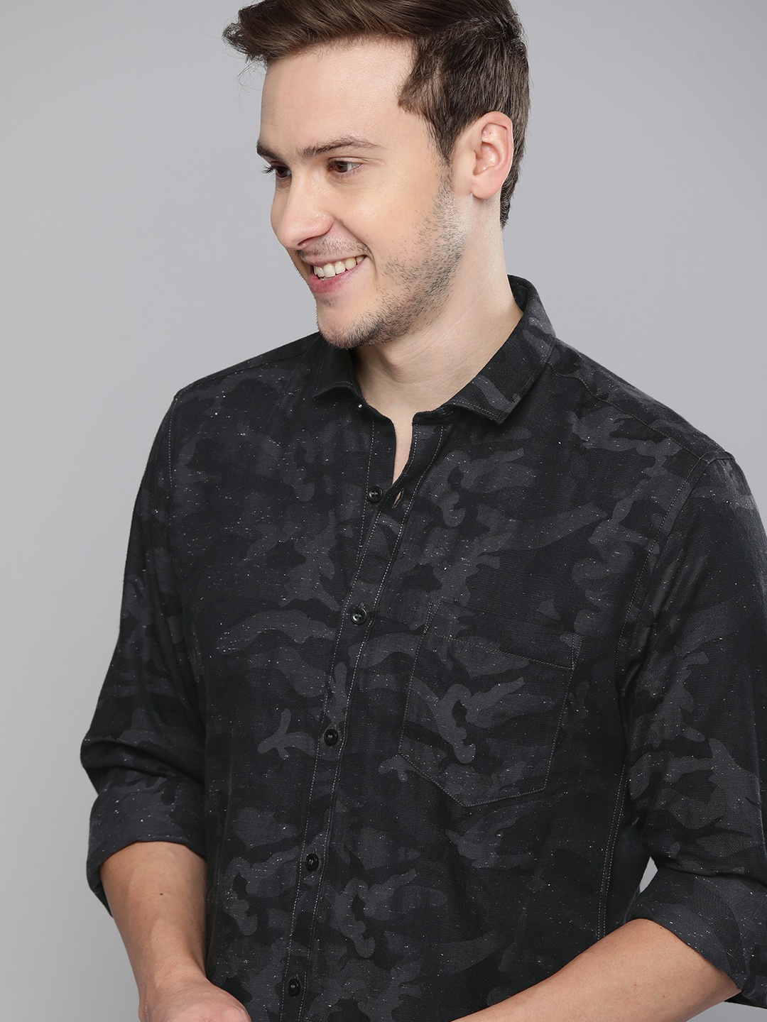 

Mast & Harbour Men Charcoal Grey Slim Fit Opaque Printed Casual Shirt