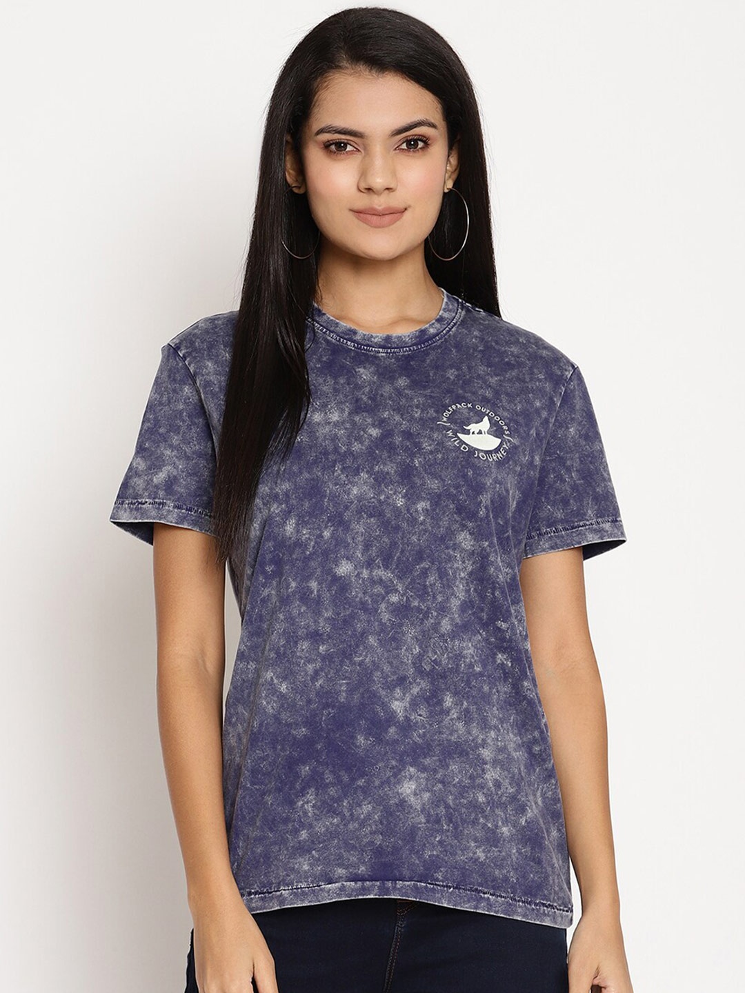 

Wolfpack Women Navy Blue Tie and Dye Pure Cotton T-shirt