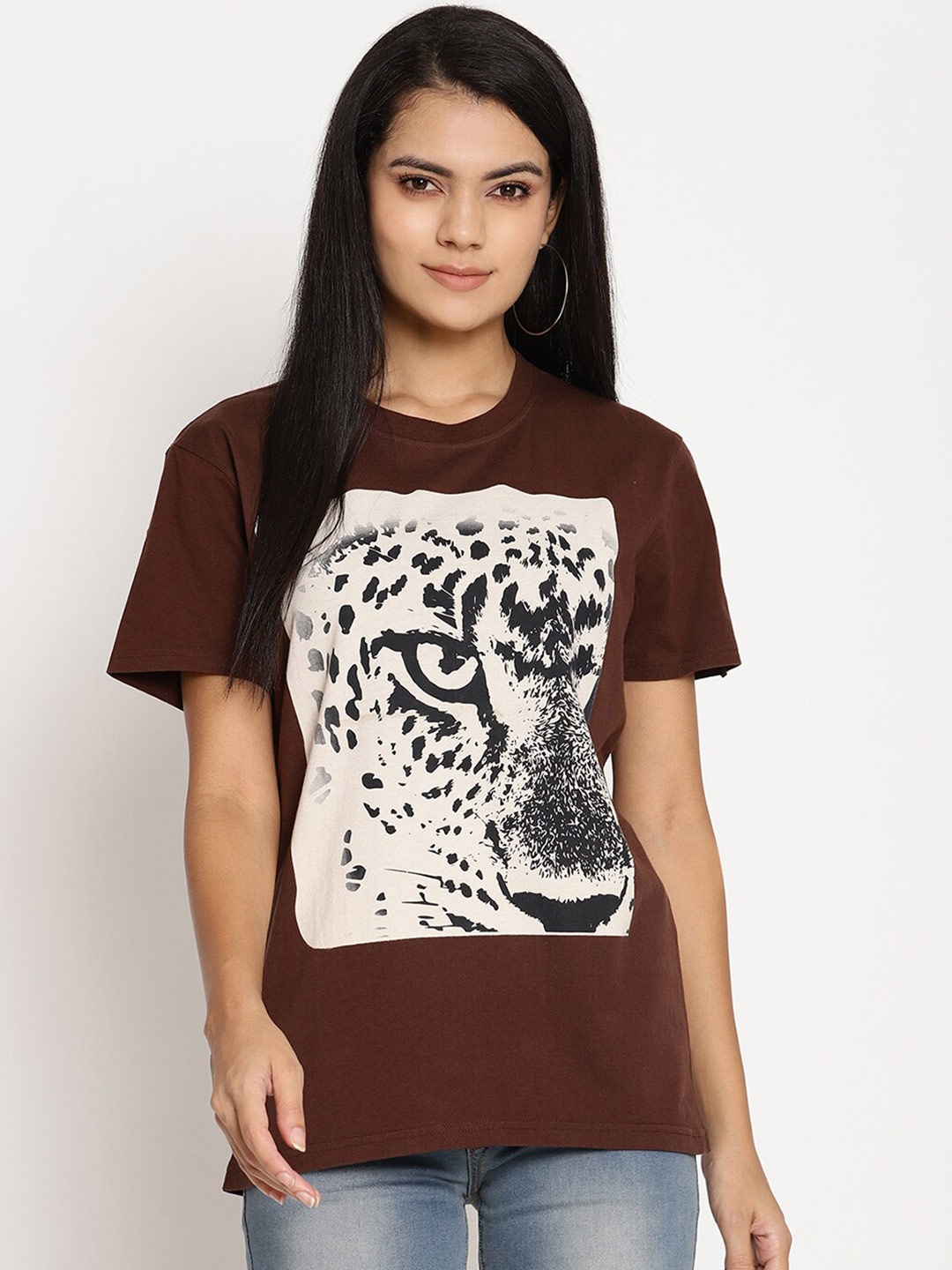 

Wolfpack Women Brown White Printed Pure Cotton T-shirt