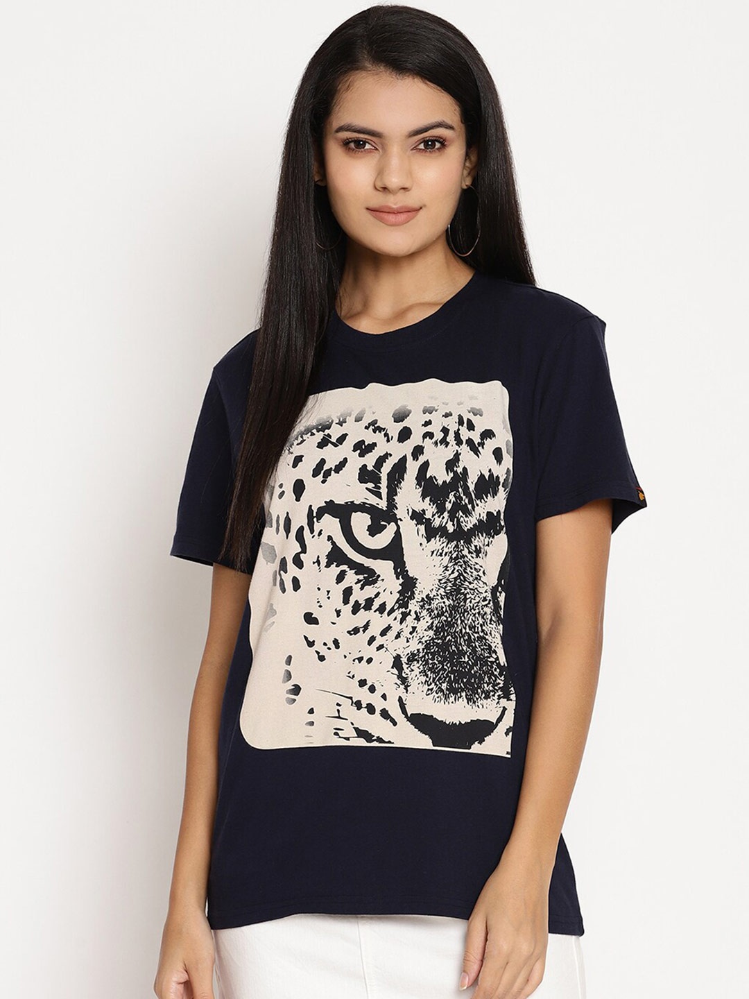 

Wolfpack Women Navy Blue & Beige Printed T-shirt